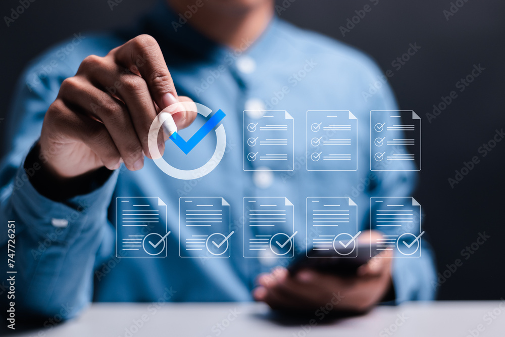 Poster businessman use smartphone to paperless online approval for document management concept. business pr