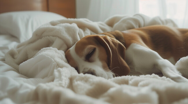 Peaceful beagle dog sleeping on tidy white bed with soft blanket