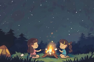 Cartoon cute doodles of kids roasting marshmallows and making s'mores around a campfire at night, Generative AI