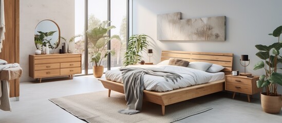 A bed with crisp linens is neatly made in a stylish bedroom. A mirror reflects the rooms wooden elements, including a dressing table and a plant.