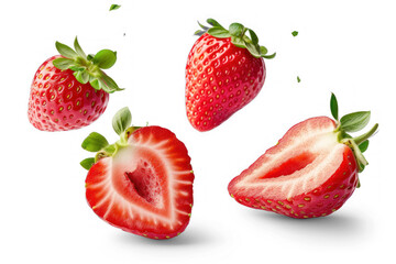 strawberries. Falling strawberry fruits whole and cut in half isolated on transparency background PNG
