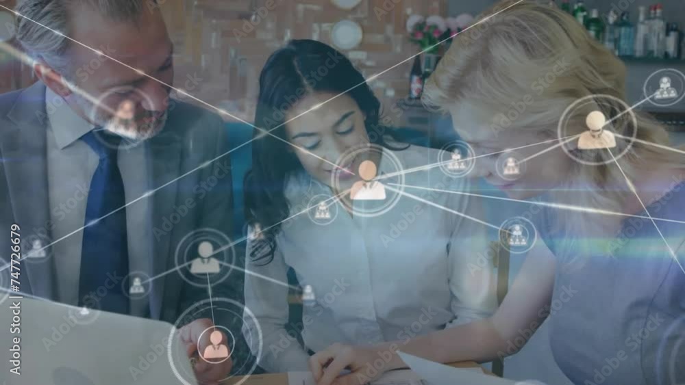 Poster animation of network of connections over diverse business people using computer