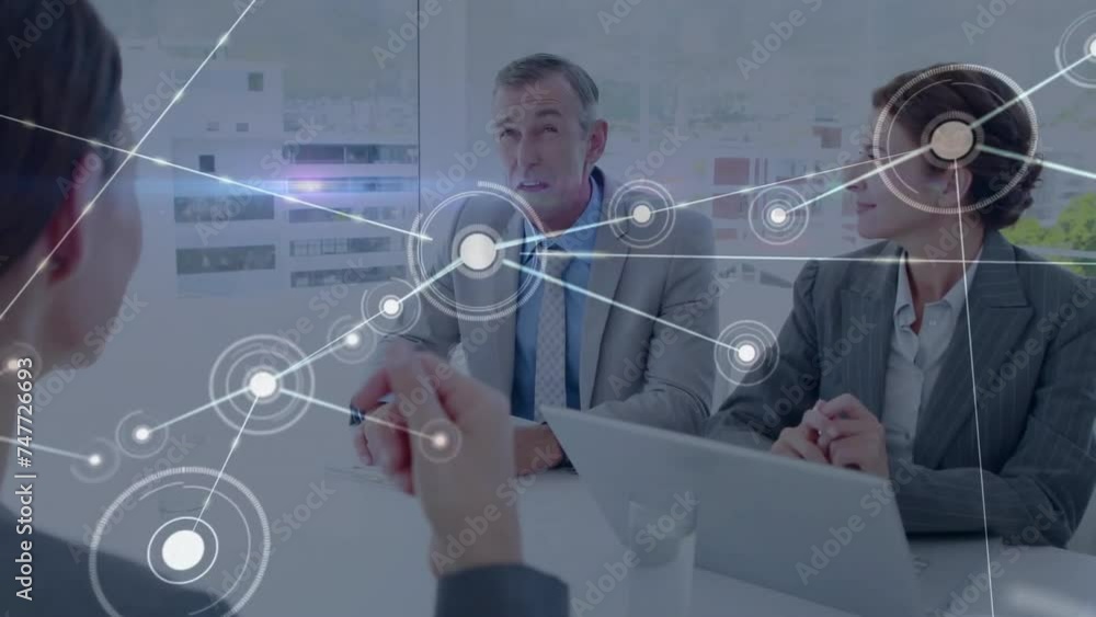 Poster animation of network of connections over diverse business people using computer