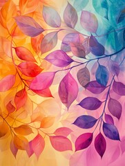 This painting depicts vibrant leaves in various shades of red, orange, yellow, and green against a clean white background, creating a striking contrast.