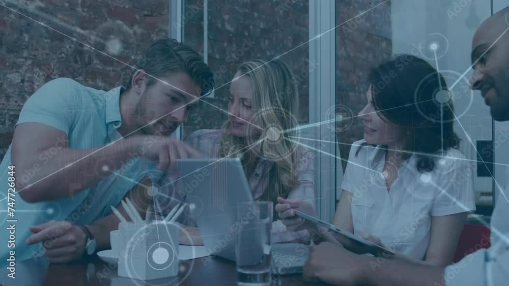Poster animation of network of connections over diverse business people using computer