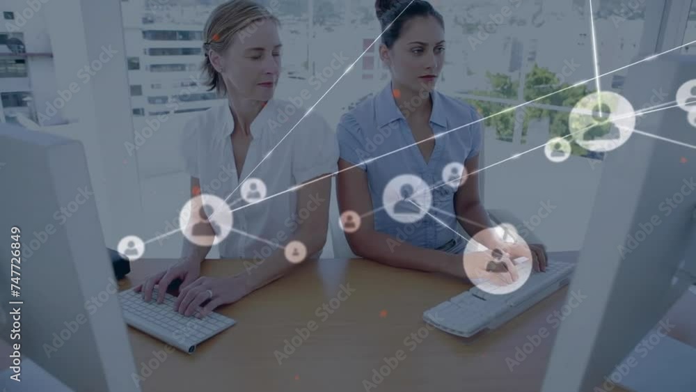Poster animation of network of connections over diverse business people using computer