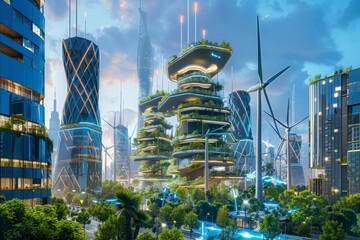Cyberpunk A futuristic renewable energy complex with vertical wind turbines and high-efficiency solar panels in an urban setting Scenic contrast: glittering city at night, another bathed in sunset	 - obrazy, fototapety, plakaty