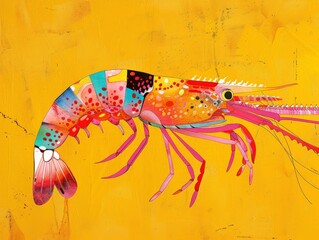 A painting featuring a vibrant and detailed shrimp with a variety of colors against a bright yellow backdrop.