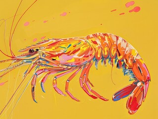 A vibrant painting of a lobster displayed on a bright yellow background, showcasing intricate details and colors.