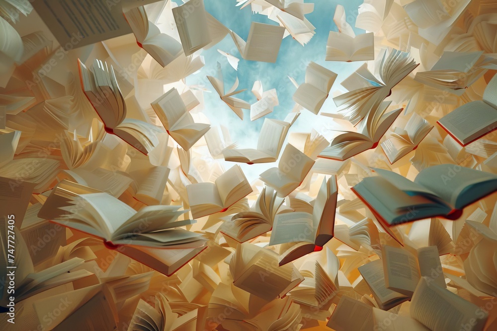 Poster books flying in a whimsical formation creating a magical and imaginative scene representing the powe