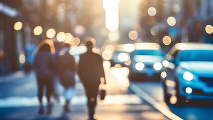 Blurred image of people walking on the street in the evening. - 747727408