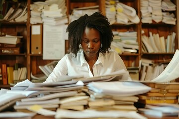 Businesswoman organizing paperwork and searching through files on her desk Depicting dedication and thoroughness in the workplace - obrazy, fototapety, plakaty