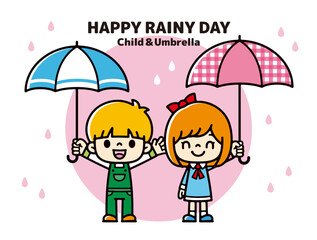 Clip art of boy and girl smiling and holding an umbrella