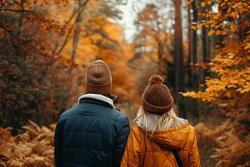 Fototapeta premium Couple enjoying an autumn forest walk Symbolizing love and companionship in the beauty of the fall season