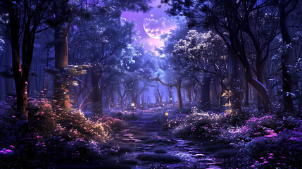 Obraz premium Fantasy illustration of magical fairy tale forest with fireflies