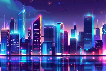 Cyberpunk city at night with neon-lit skyscrapers Depicting a futuristic urban landscape filled with vibrant life and technology