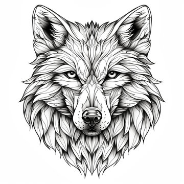 Portrait of wolf for T-shirt design. Line art illustration on white background