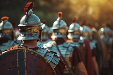 Dramatic reenactment of roman soldiers engaged in a historic battle Showcasing ancient military tactics and valor - obrazy, fototapety, plakaty
