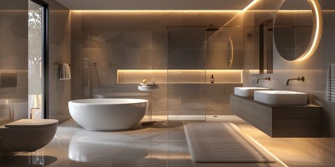This modern bathroom's elegance is defined by clean lines and a light-infused freestanding tub.