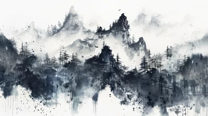 Poster Misty Sunrise Over Alpine Mountains with Foggy Valley View Chinese ink style © wanna