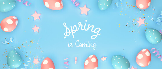 Spring is coming message with Easter eggs with spring holiday pastel colors - 3D render - 747728072
