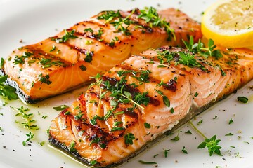 Grilled salmon fillet with lemon and herbs Beautifully plated on a bright White background for a healthy meal option