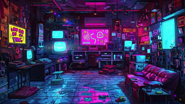 Transport back to the 80s with a neon-lit background, cartoonish style. 