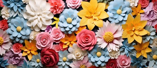 A collection of artificial flowers displayed on a wall. The flowers are varied in color and shape, enhancing the visual appeal of the wall they adorn.