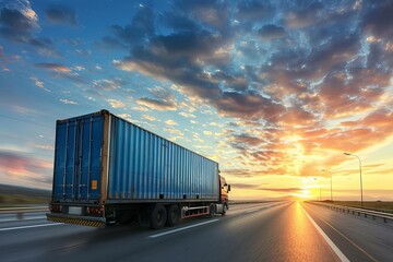Logistics and transportation concept With a container truck cruising on a highway against a sunset Symbolizing efficiency and connectivity