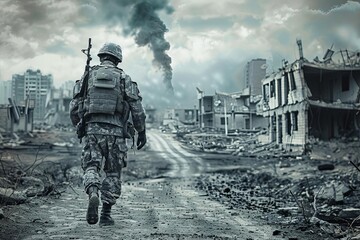 Lone soldier traversing a devastated urban landscape Symbolizing resilience Courage And the impact of conflict on the human spirit. - obrazy, fototapety, plakaty