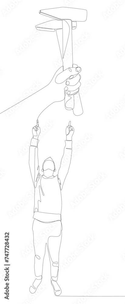 Poster one continuous line of man pointing with finger at hammer. thin line illustration construction vecto