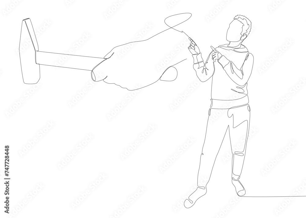 Poster one continuous line of man pointing with finger at hammer. thin line illustration construction vecto