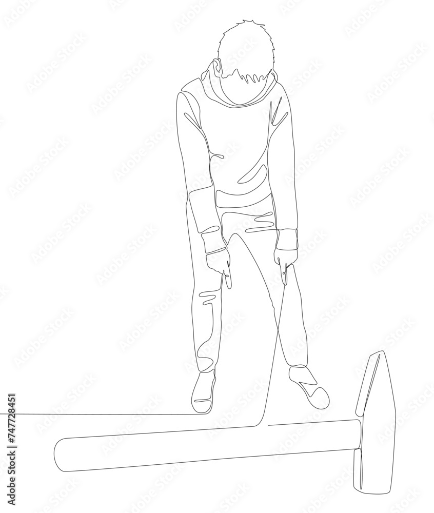 Poster one continuous line of man pointing with finger at hammer. thin line illustration construction vecto
