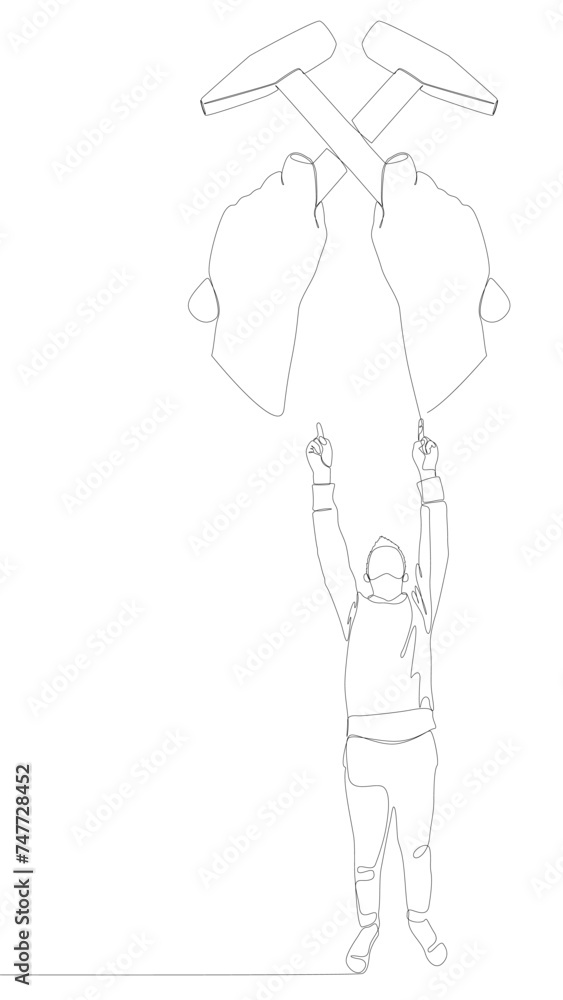 Poster one continuous line of man pointing with finger at hammer. thin line illustration construction vecto