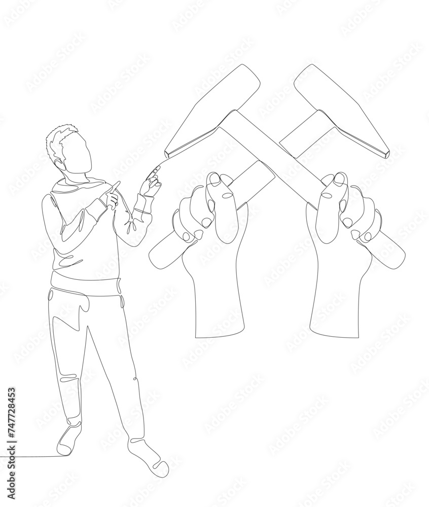 Poster one continuous line of man pointing with finger at hammer. thin line illustration construction vecto