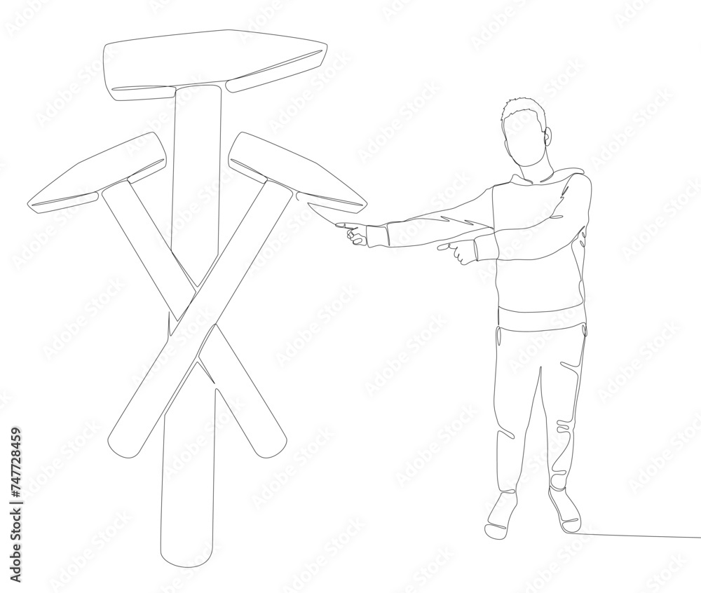 Aufkleber one continuous line of man pointing with finger at hammer. thin line illustration construction vecto