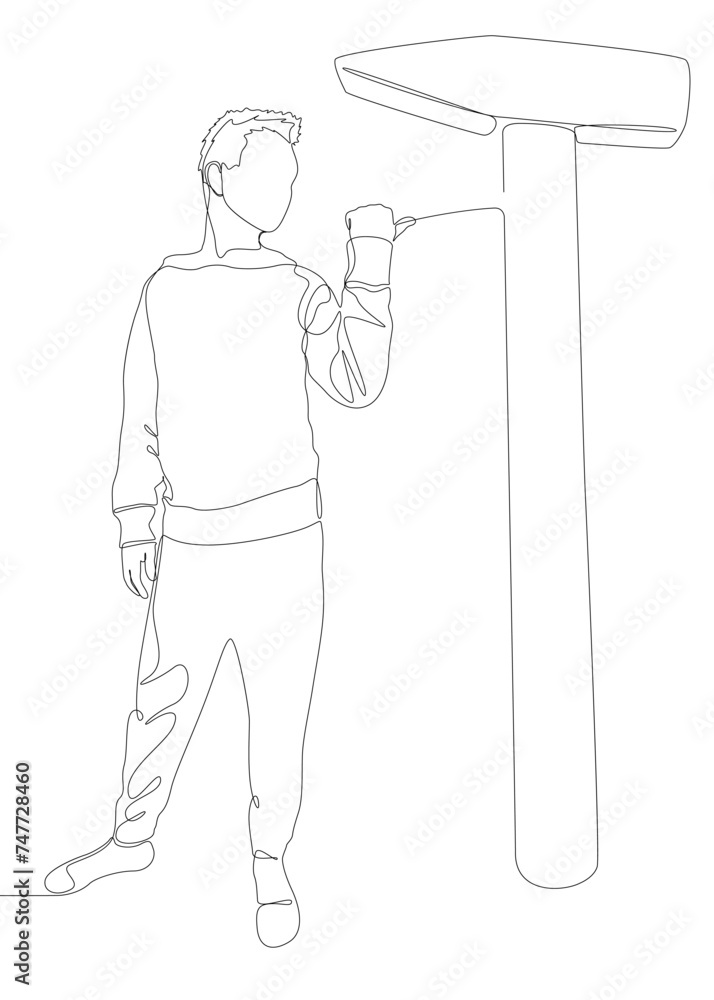 Aufkleber one continuous line of man pointing with finger at hammer. thin line illustration construction vecto