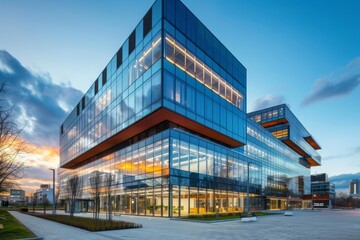 Obraz premium Modern business center with glass facades Reflecting the sky and showcasing architectural elegance and urban development