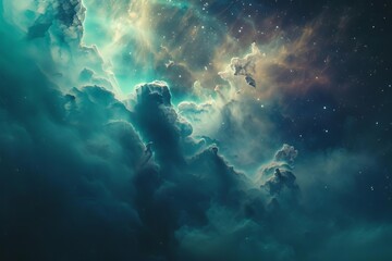 Nebula clouds in deep space with vibrant blue and green hues