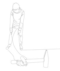 One continuous line of Man pointing with finger at Hammer. Thin Line Illustration Construction vector concept. Contour Drawing Creative ideas.