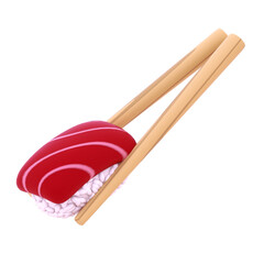 sushi with fresh raw tuna pinched by wooden chopstick 3d illustration