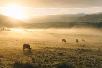 Panoramic view of a pastoral scene with cows grazing in a misty meadow at sunrise Epitomizing peaceful countryside living - obrazy, fototapety, plakaty