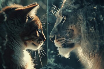 Reflective scene of a young cat gazing into a mirror seeing a majestic lion's reflection...