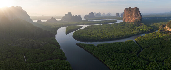 Aerial sunrise view of mangrove forest and mountain peak of Phang nga bay - Thailand