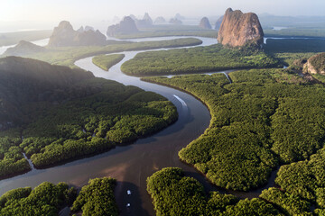 Aerial sunrise view of mangrove forest and mountain peak of Phang nga bay - Thailand - obrazy, fototapety, plakaty