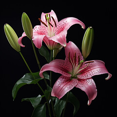 Beautiful pink lily flowers isolated on black background. 