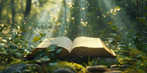 Sunlight filters through the forest canopy onto an open book in a tranquil setting