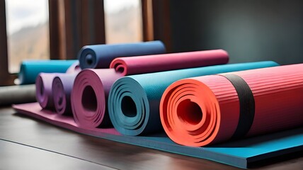 a stack of premium quality yoga mats in a vibrant and inviting fitness studio - obrazy, fototapety, plakaty