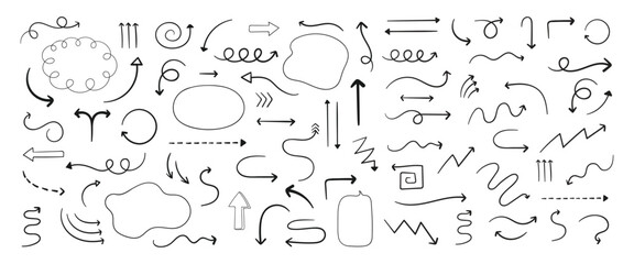Set of vector curved arrows hand drawn. Sketch doodle style. - obrazy, fototapety, plakaty