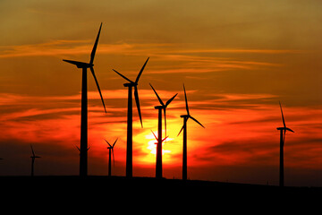 wind turbines at sunset
